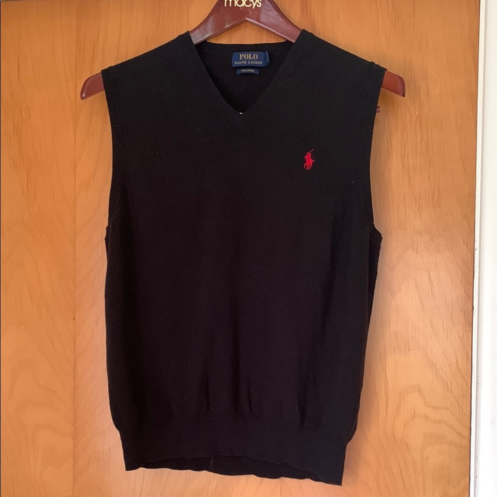 Polo by Ralph Lauren Men's Black V-Neck Sweater Vest with Red Logo